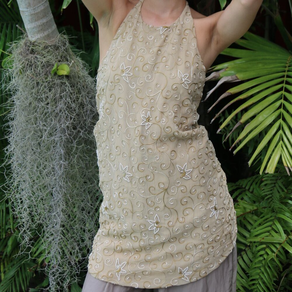 Silk Pearl Beaded Halter Backless Top